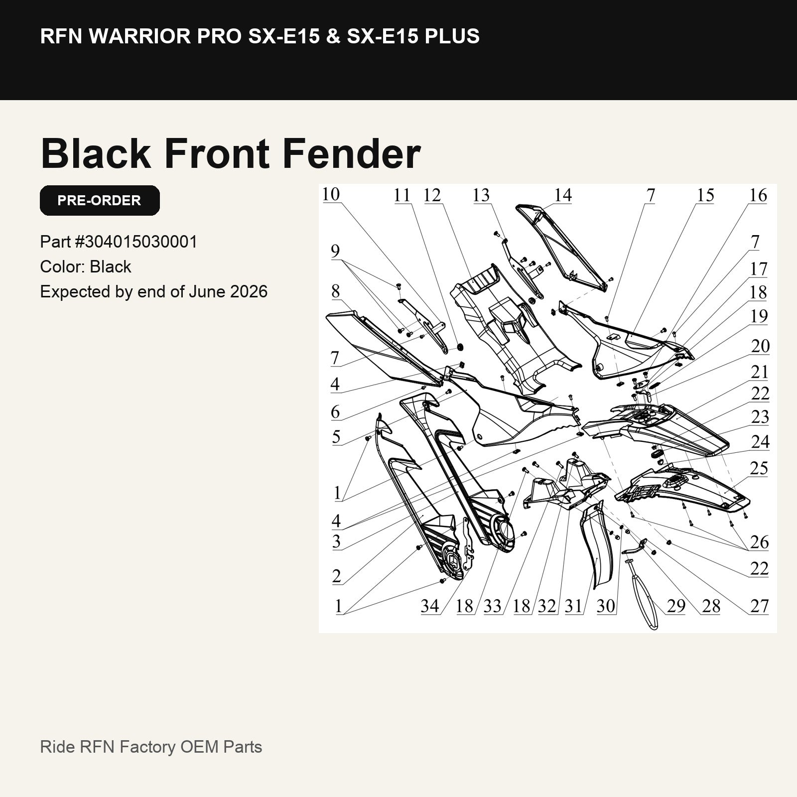 Black Front Fender For RFN Warrior Pro SX-E15 & SX-E15 Plus