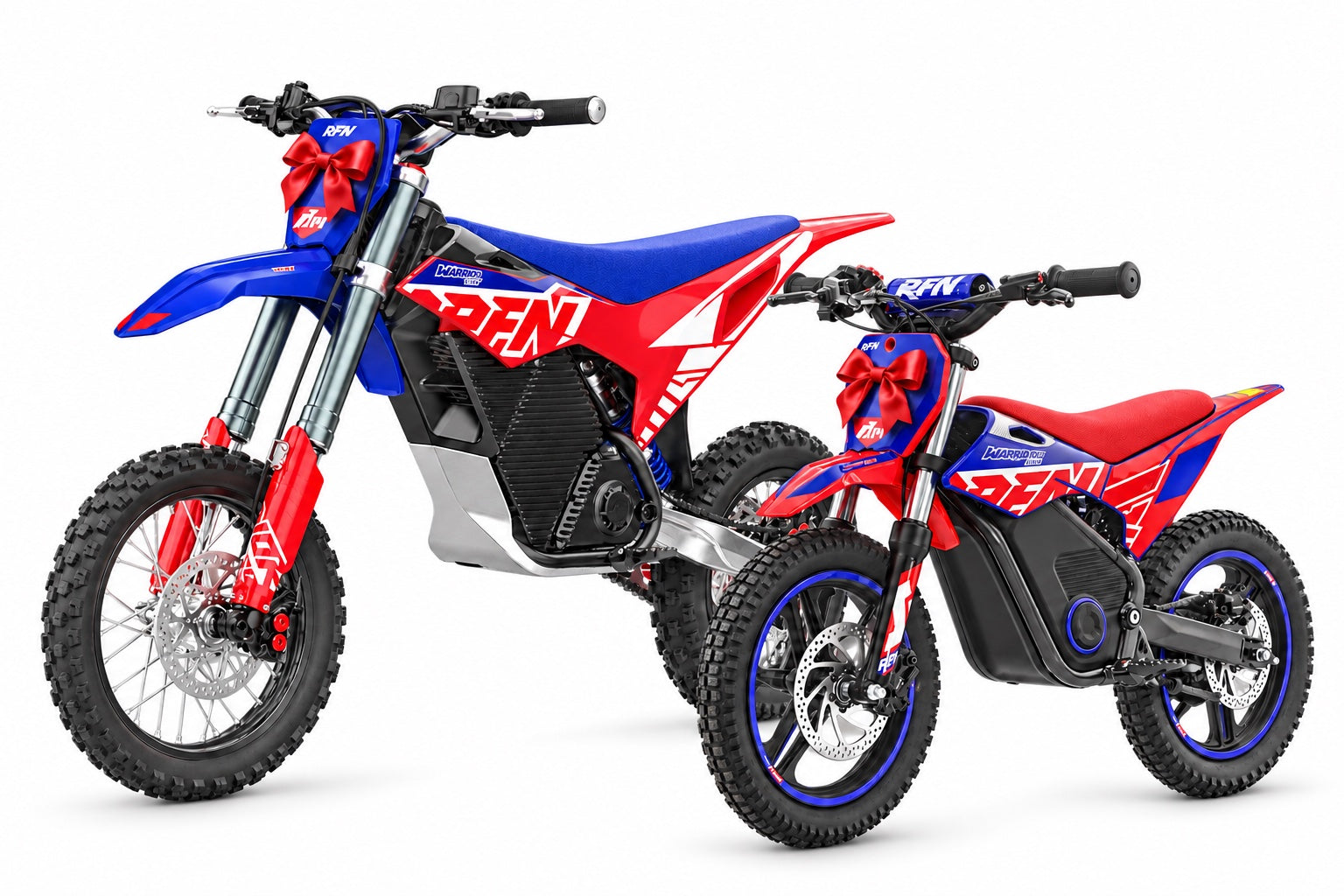 RFN SX-E8 and smaller SX-E500 facing left, slightly overlapping, each with a red Christmas bow on its front plate
