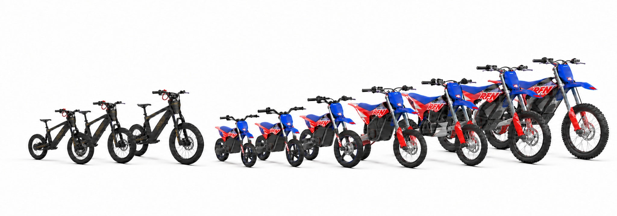 Ten RFN electric dirt bikes, from the EVO youth range to full-size Warrior performance models
